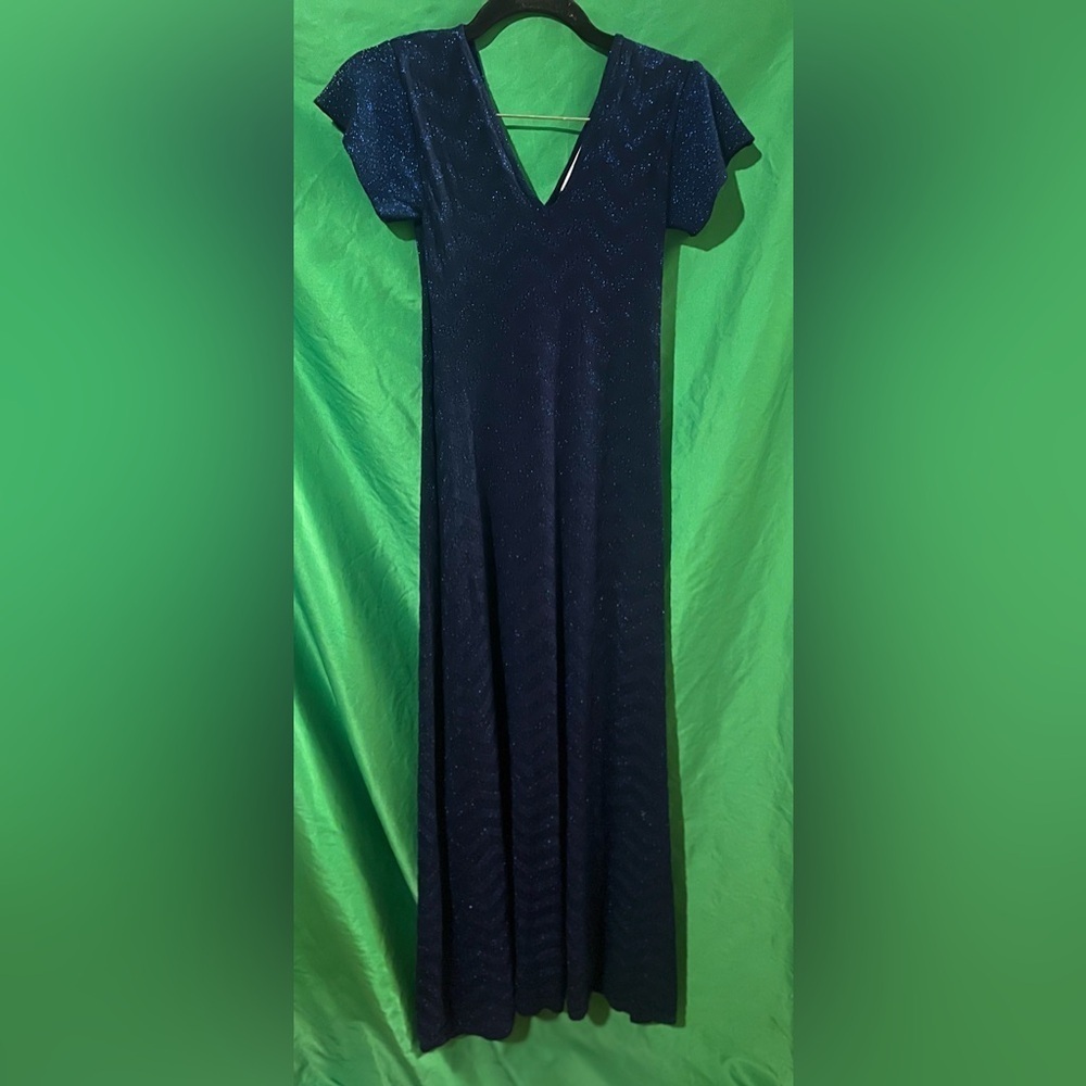 Zara Knit Navy Blue and Black Metallic Chevron Maxi Dress size Small